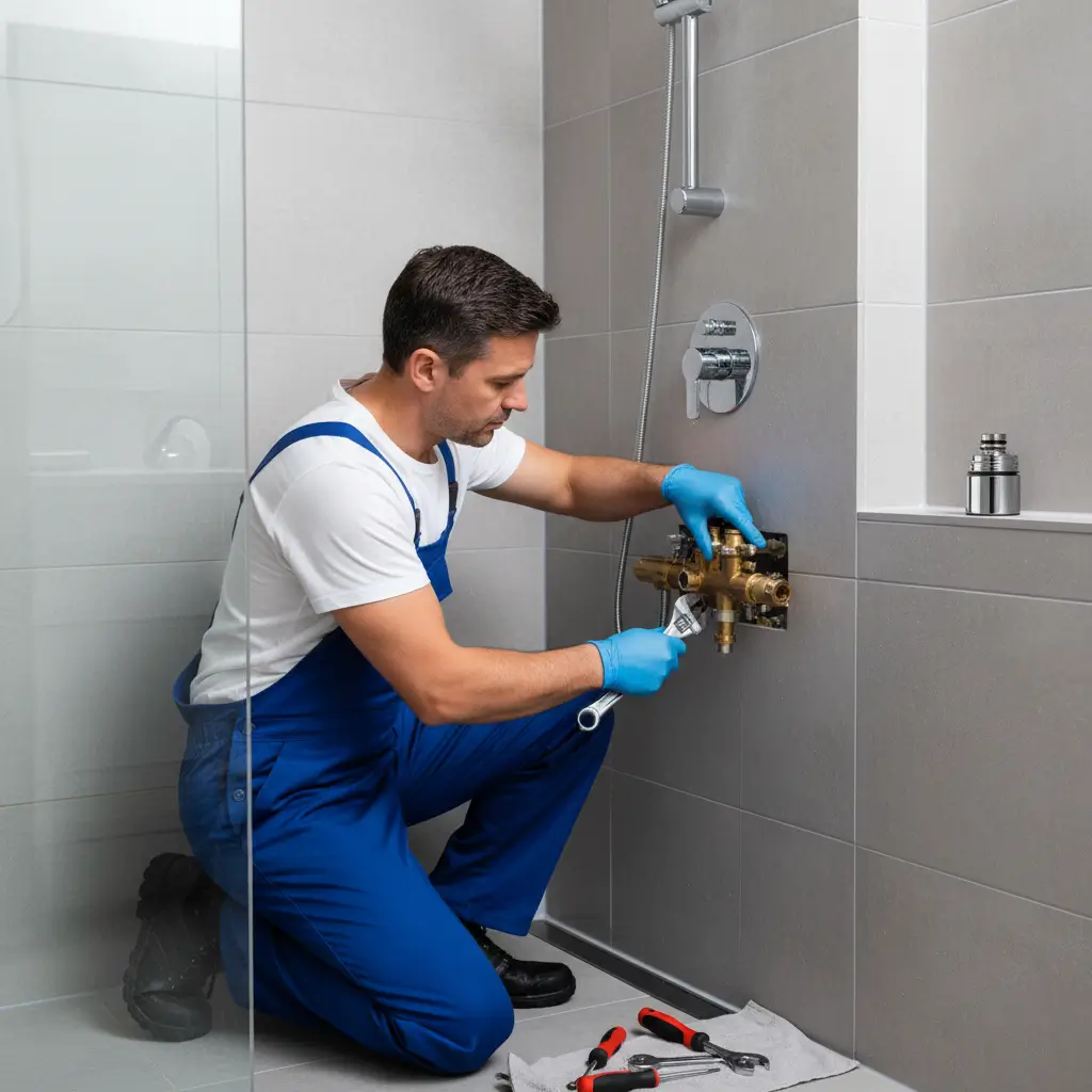 Plumber repairing a shower valve in Astoria, NY